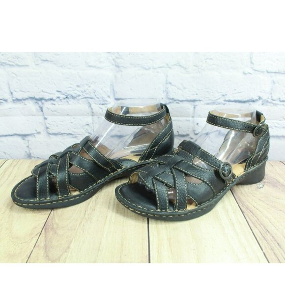 Born W 3473 Black Leather Platform Wedge Open Toe Cross Straps Buckle Size 9 - Picture 2 of 10